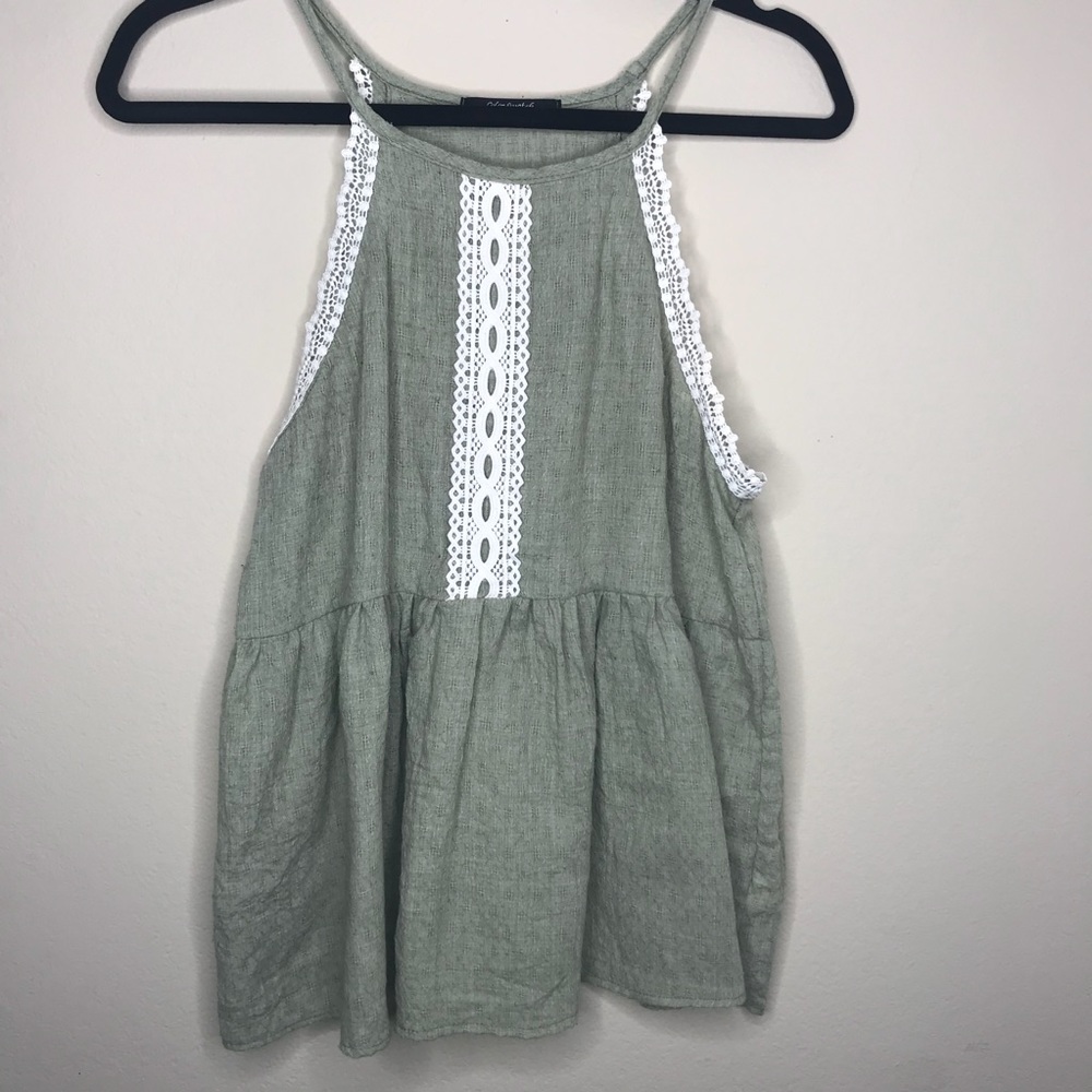 Color swatch green top with crochet detail